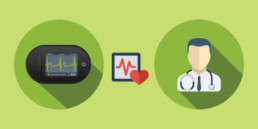 Image of bioflux device, cardiograph, and physician conceptually representing how wearables offer doctor's valuable data.