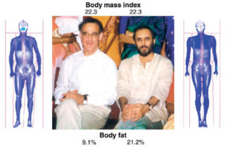 Photo of Dr. Yajnik and his fellow researcher beside their CAT-scan images showing their BMI vs. body fat percentage.