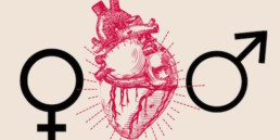 International symbols for men and women with a physiological representation of a human heart between them.