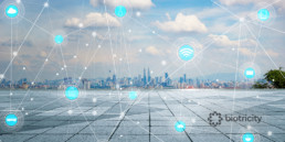 Artificial intelligence web overlaying a smart city, interconnecting everything from preventive healthcare to coffee shops.